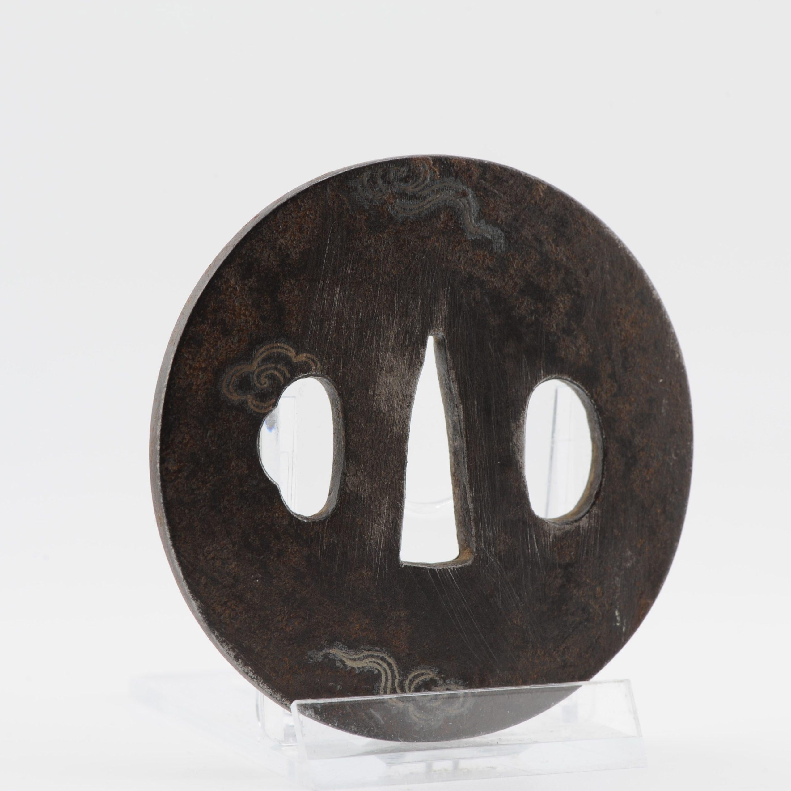 Edo Antique Metal Japanese Tsuba Tosogu with Buddhist Clouds in Silver For Sale