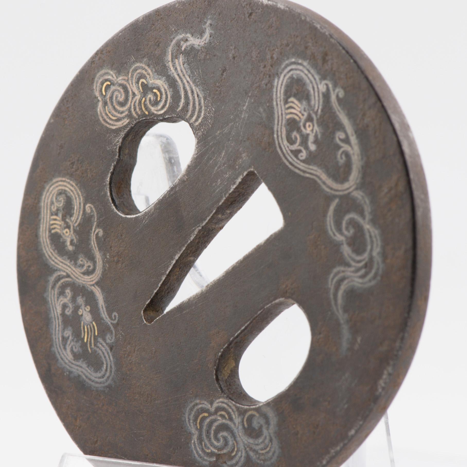 Antique Metal Japanese Tsuba Tosogu with Buddhist Clouds in Silver For Sale 2