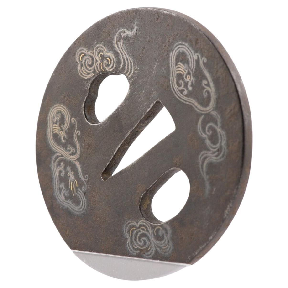 Antique Metal Japanese Tsuba Tosogu with Buddhist Clouds in Silver For Sale