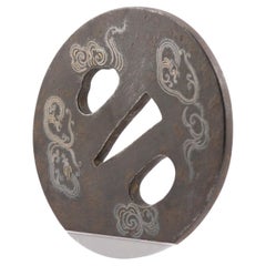 Antique Metal Japanese Tsuba Tosogu with Buddhist Clouds in Silver
