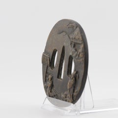 Antique Metal Japanese Tsuba Tosogu with Buddhist Literati in Landscape, 19th C