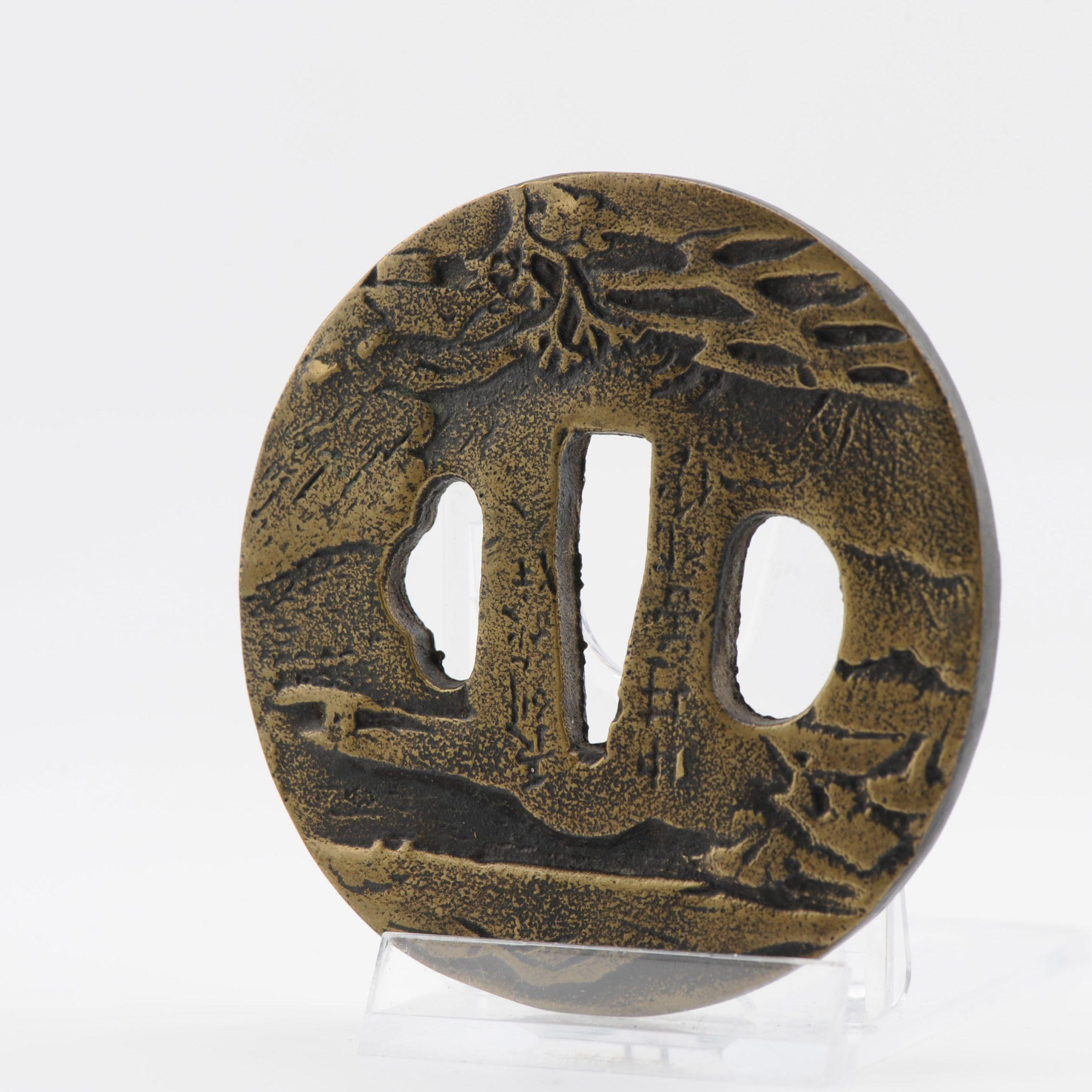 Antique Metal Japanese Tsuba Tosogu with Buddhist Literati in Landscape For Sale 5