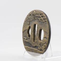 Antique Metal Japanese Tsuba Tosogu with Buddhist Literati in Landscape