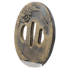 Antique Metal Japanese Tsuba Tosogu with Buddhist Literati in Landscape