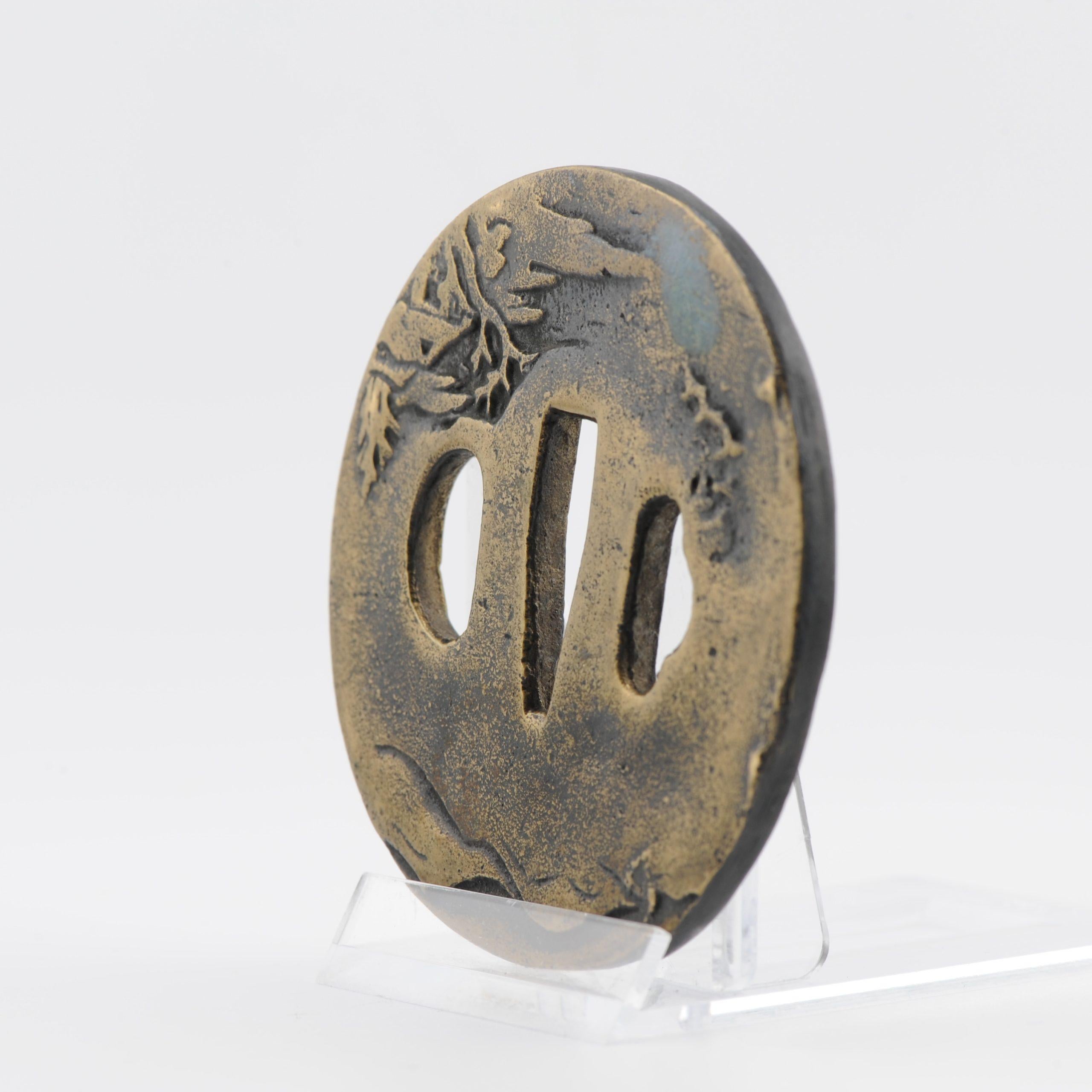 Edo Antique Metal Japanese Tsuba Tosogu with Buddhist Literati in Landscape For Sale