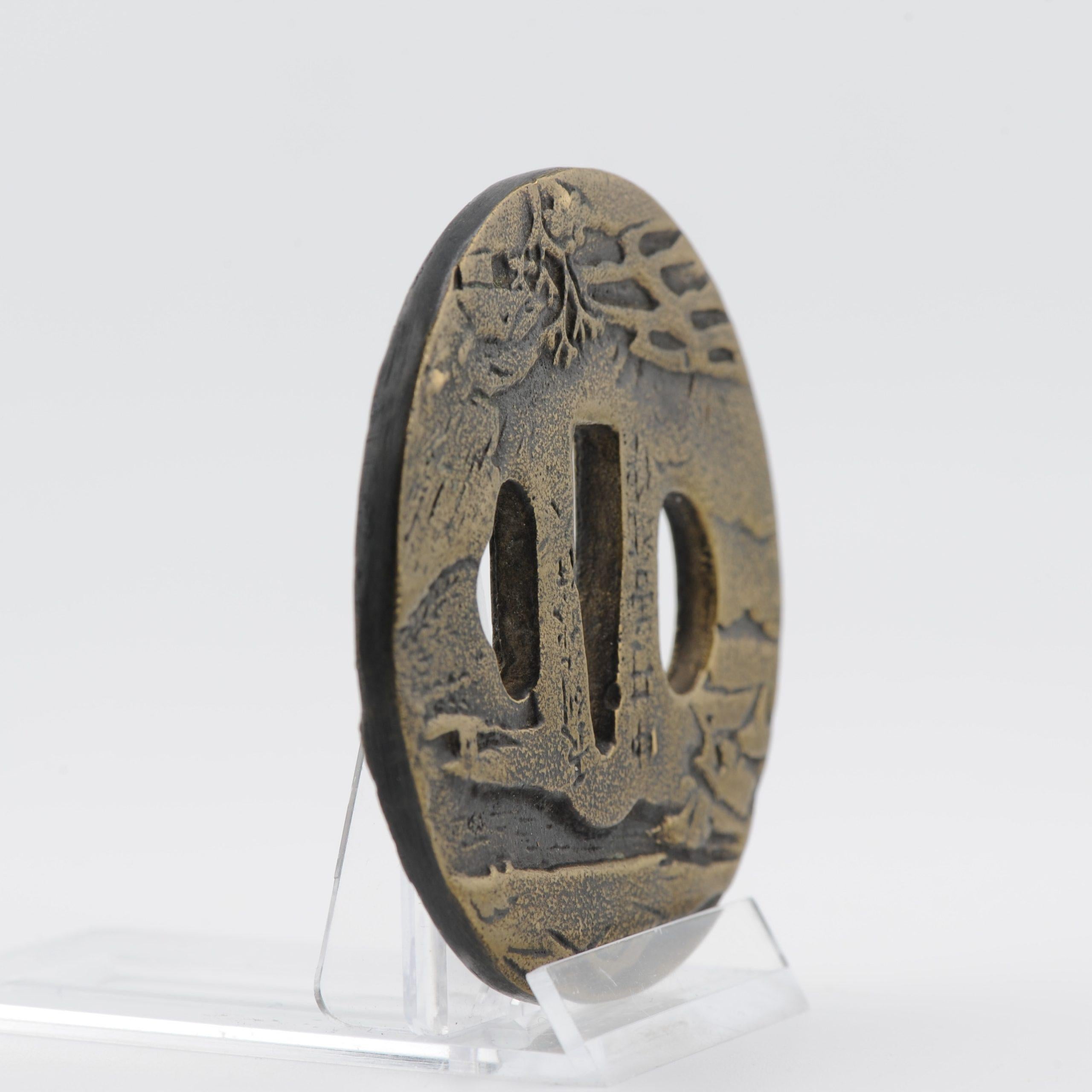 Antique Metal Japanese Tsuba Tosogu with Buddhist Literati in Landscape For Sale 2