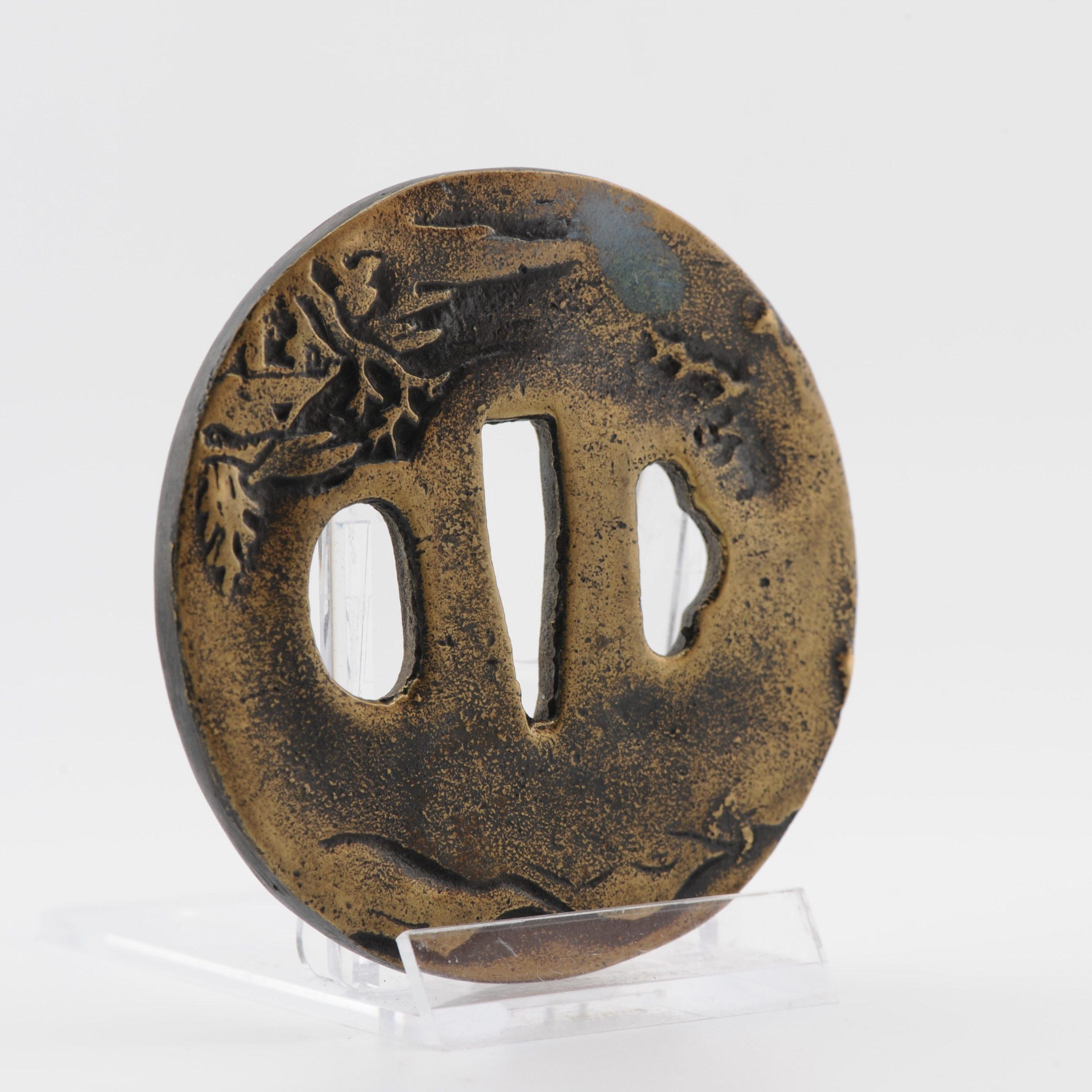 Antique Metal Japanese Tsuba Tosogu with Buddhist Literati in Landscape For Sale 3