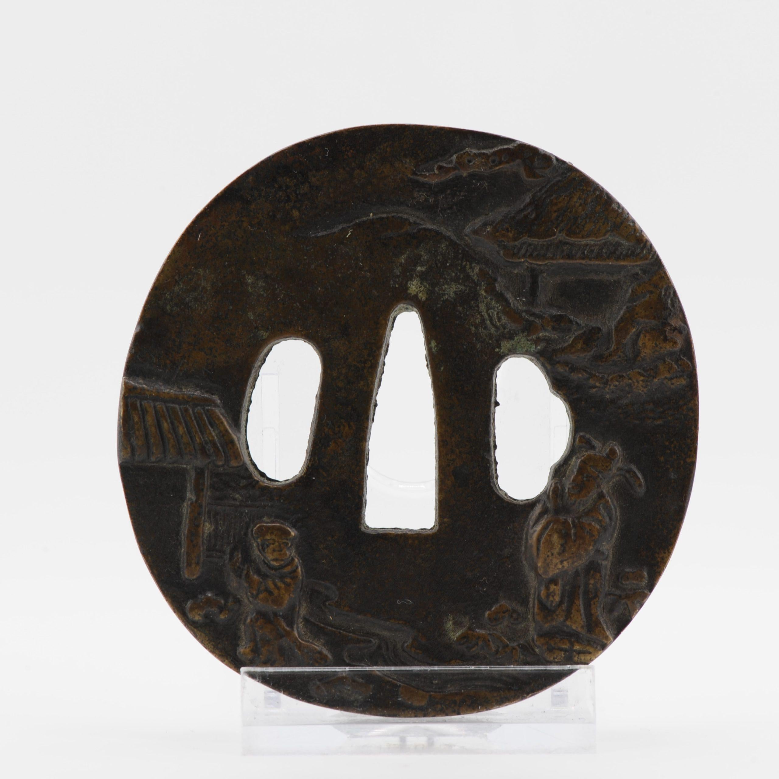 Antico Tsuba Tosogu giapponese in metallo con letterati buddisti in un paesaggio in vendita 2