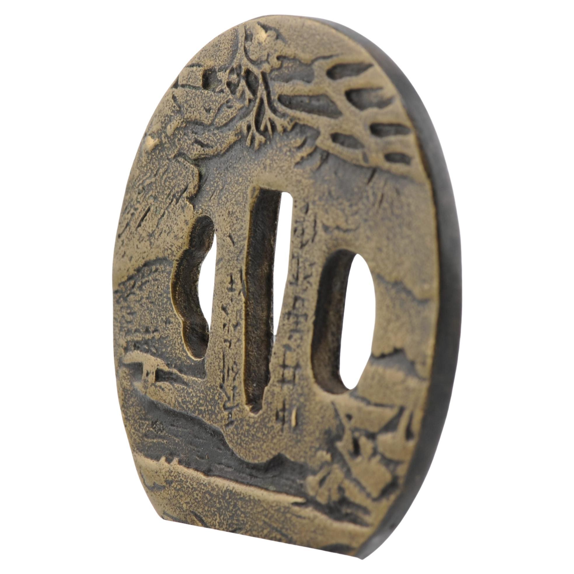 Antique Metal Japanese Tsuba Tosogu with Buddhist Literati in Landscape