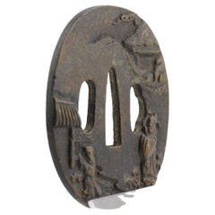 Antique Metal Japanese Tsuba Tosogu with Buddhist Literati in Landscape