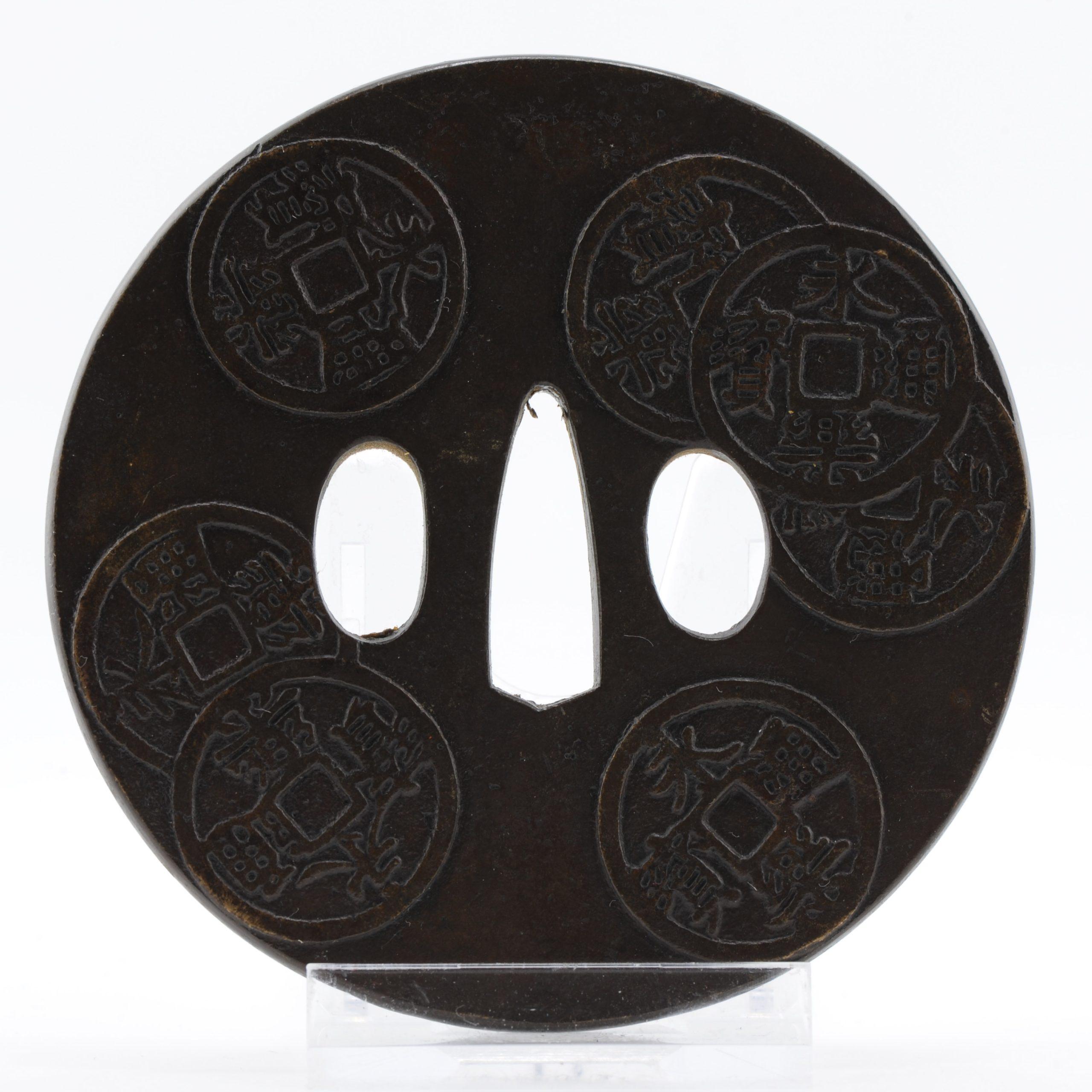 Edo Antique Metal Japanese Tsuba Tosogu with Chinese Coins For Sale