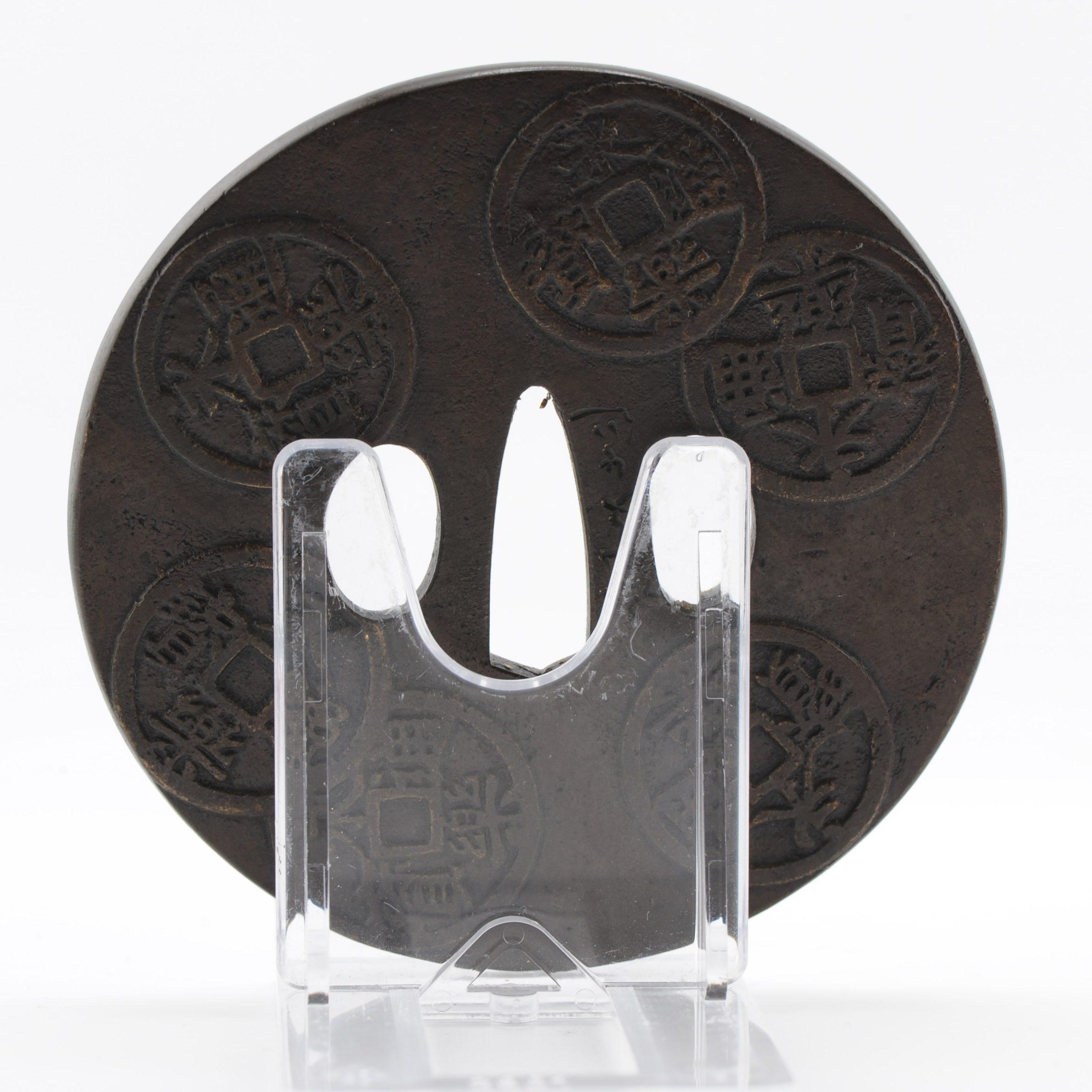 Antique Metal Japanese Tsuba Tosogu with Chinese Coins For Sale 2