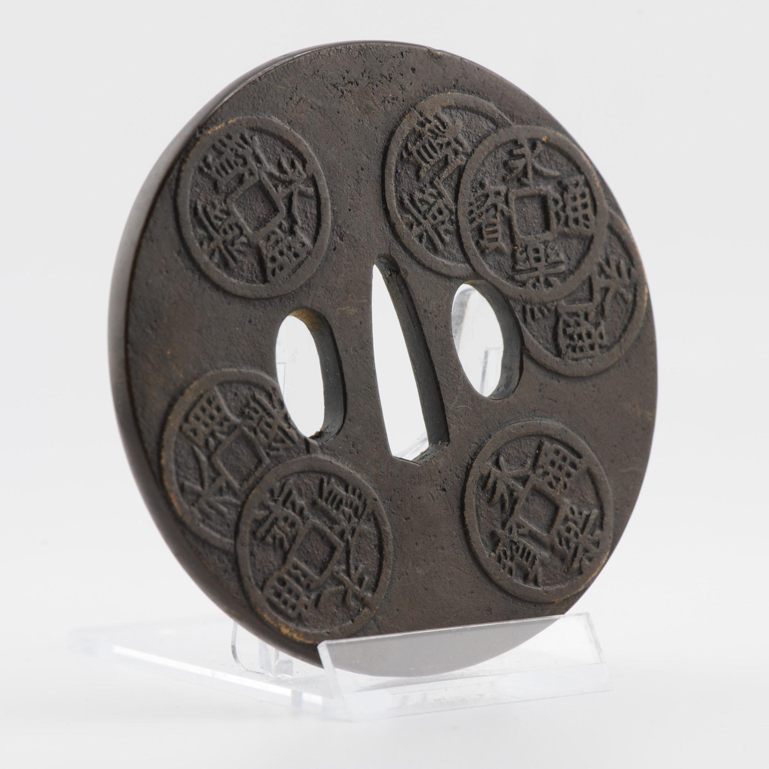 Antique Metal Japanese Tsuba Tosogu with Chinese Coins For Sale 3