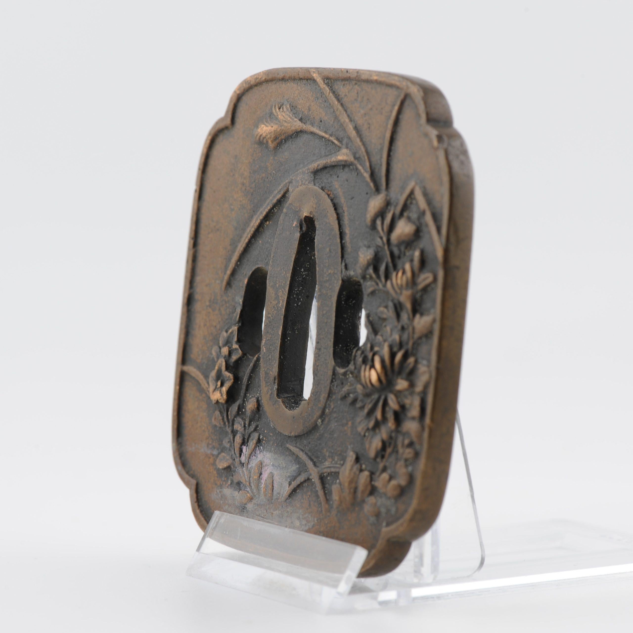 Antique Metal Japanese Tsuba Tosogu with Floral Flowers in Landscape For Sale 6