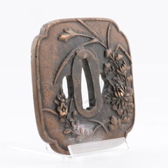 Antique Metal Japanese Tsuba Tosogu with Floral Flowers in Landscape