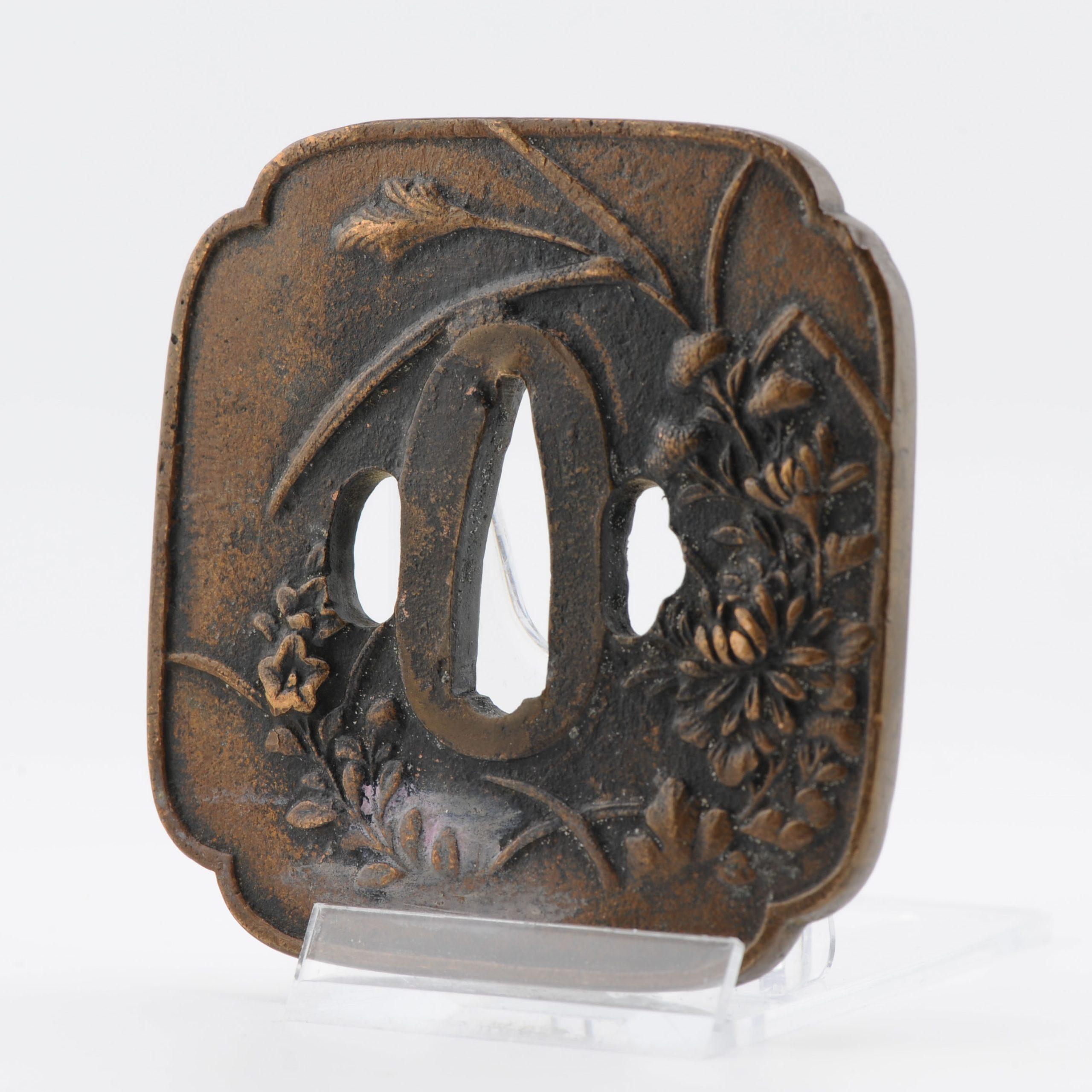 19th Century Antique Metal Japanese Tsuba Tosogu with Floral Flowers in Landscape For Sale