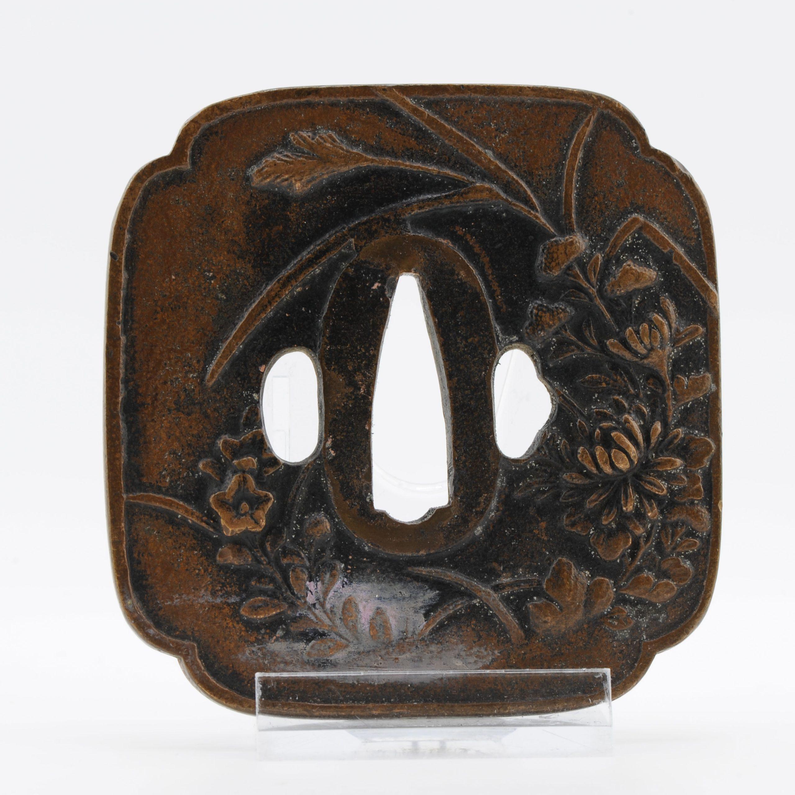 Antique Metal Japanese Tsuba Tosogu with Floral Flowers in Landscape For Sale 4
