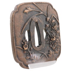 Antique Metal Japanese Tsuba Tosogu with Floral Flowers in Landscape
