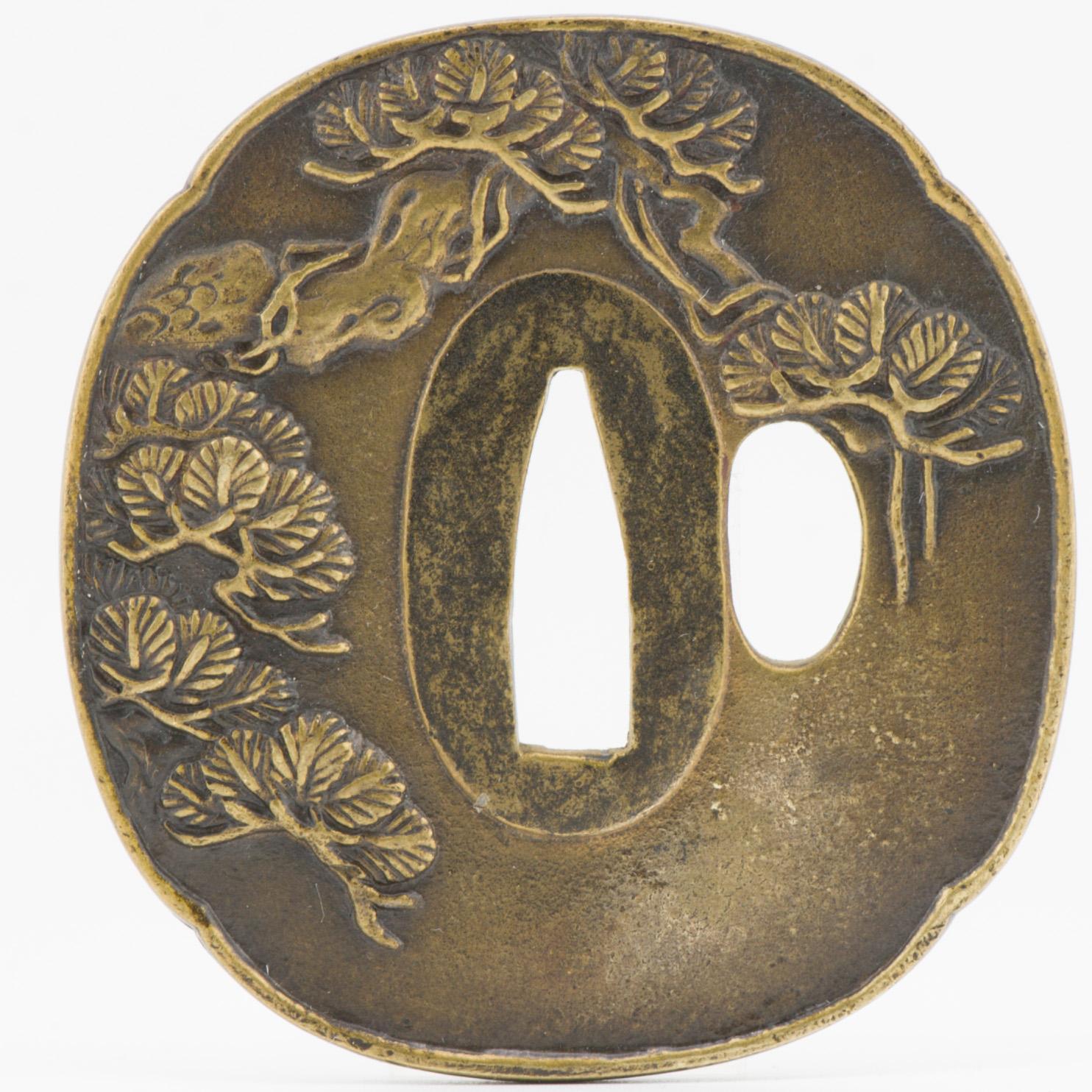 Edo Antique Metal Japanese Tsuba Tosogu with Pine tree. Top quality For Sale