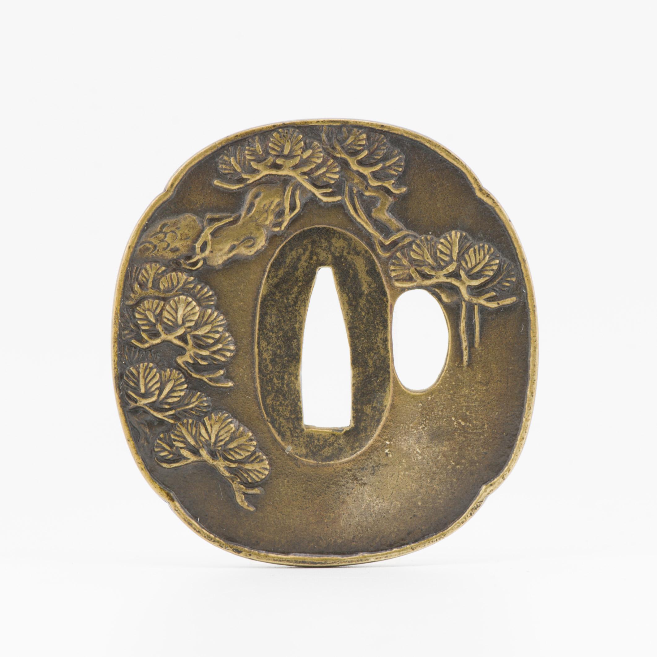 19th Century Antique Metal Japanese Tsuba Tosogu with Pine tree. Top quality For Sale