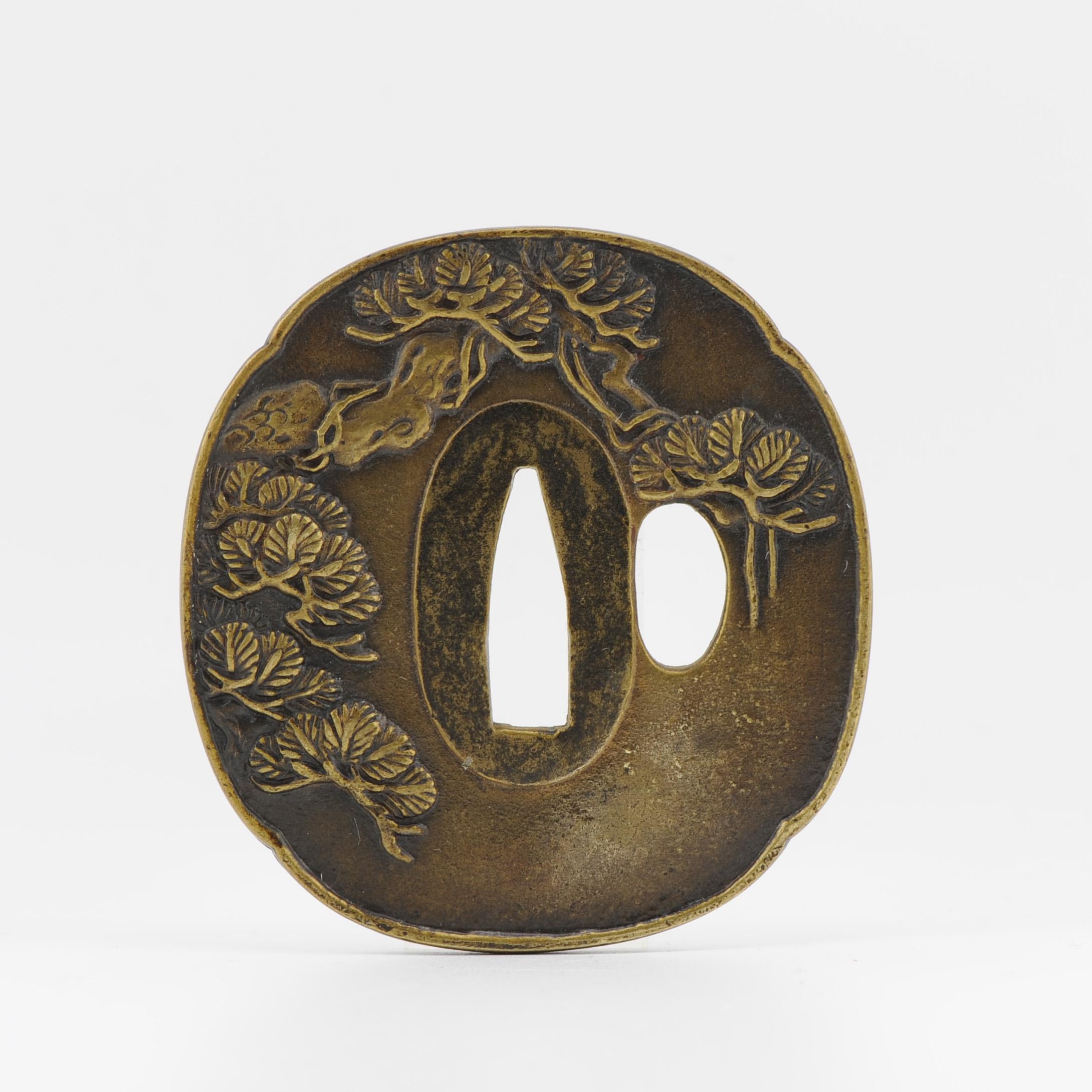 Antique Metal Japanese Tsuba Tosogu with Pine tree. Top quality For Sale 1