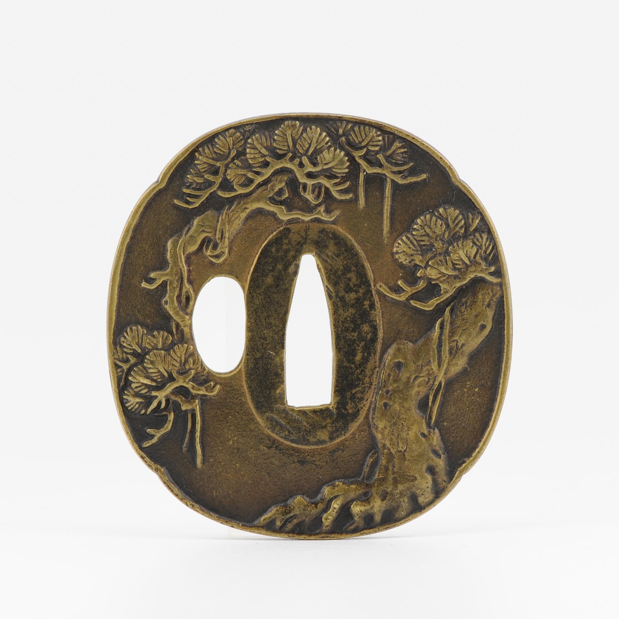 Antique Metal Japanese Tsuba Tosogu with Pine tree. Top quality For Sale 2