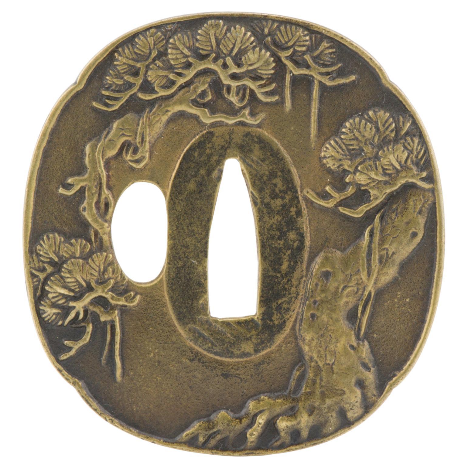 Antique Metal Japanese Tsuba Tosogu with Pine tree. Top quality