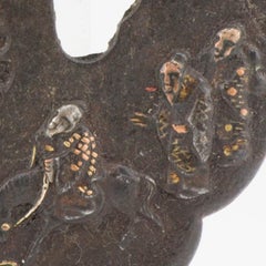 Antique Metal Japanese Tsuba Tosogu with Scholars Travelling in Landscape