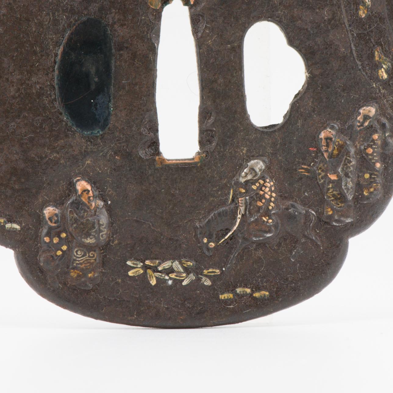 Edo Antique Metal Japanese Tsuba Tosogu with Scholars Travelling in Landscape For Sale
