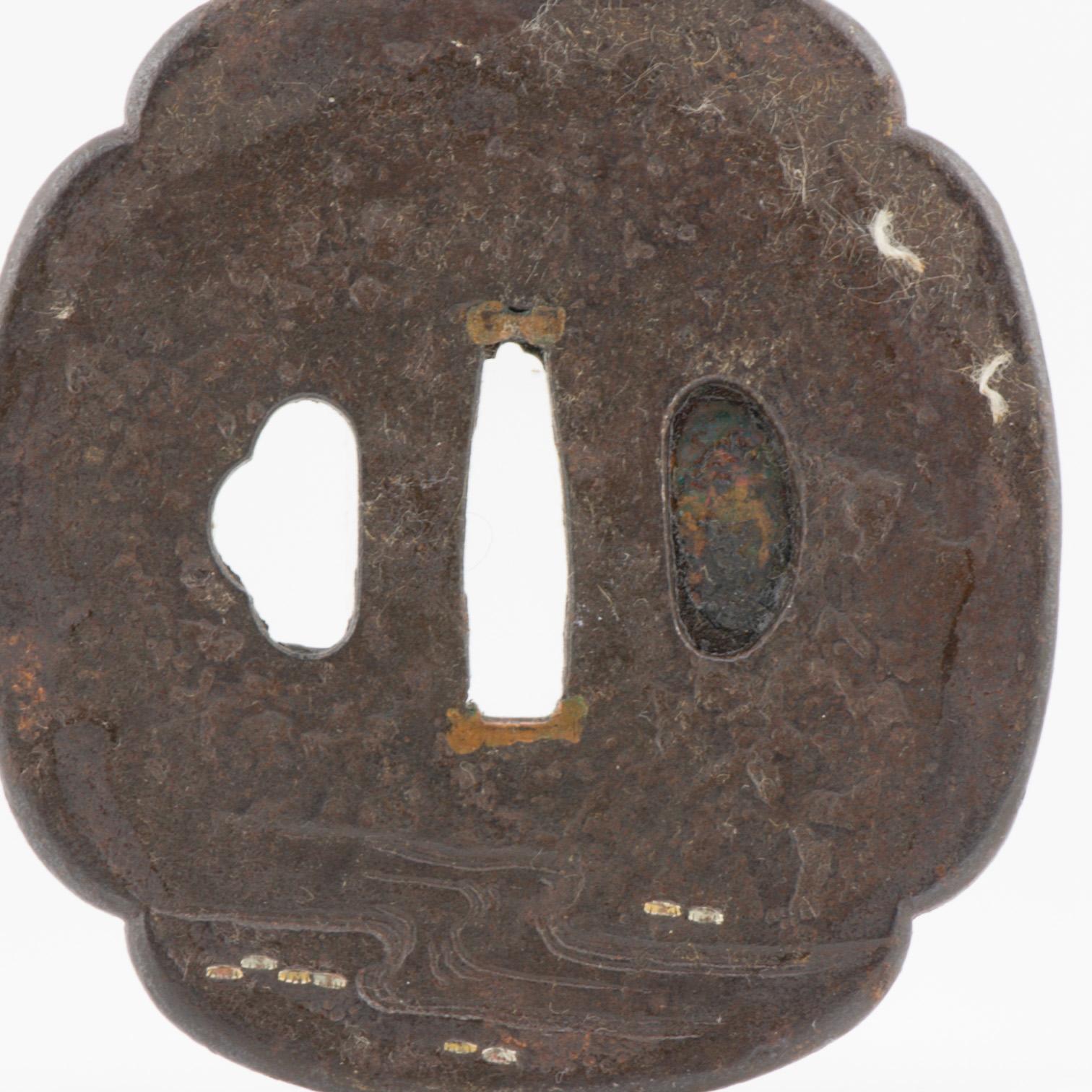 Antique Metal Japanese Tsuba Tosogu with Scholars Travelling in Landscape In Good Condition For Sale In Amsterdam, Noord Holland