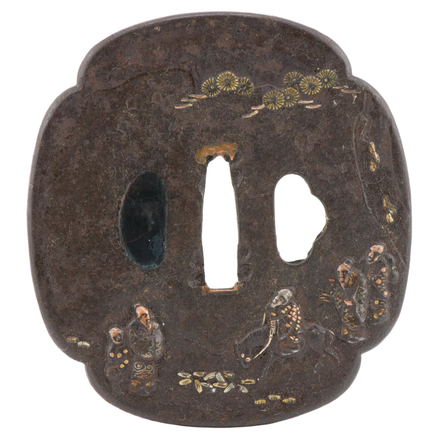 Antique Metal Japanese Tsuba Tosogu with Scholars Travelling in Landscape For Sale
