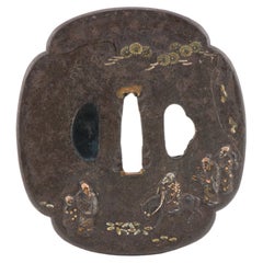 Antique Metal Japanese Tsuba Tosogu with Scholars Travelling in Landscape
