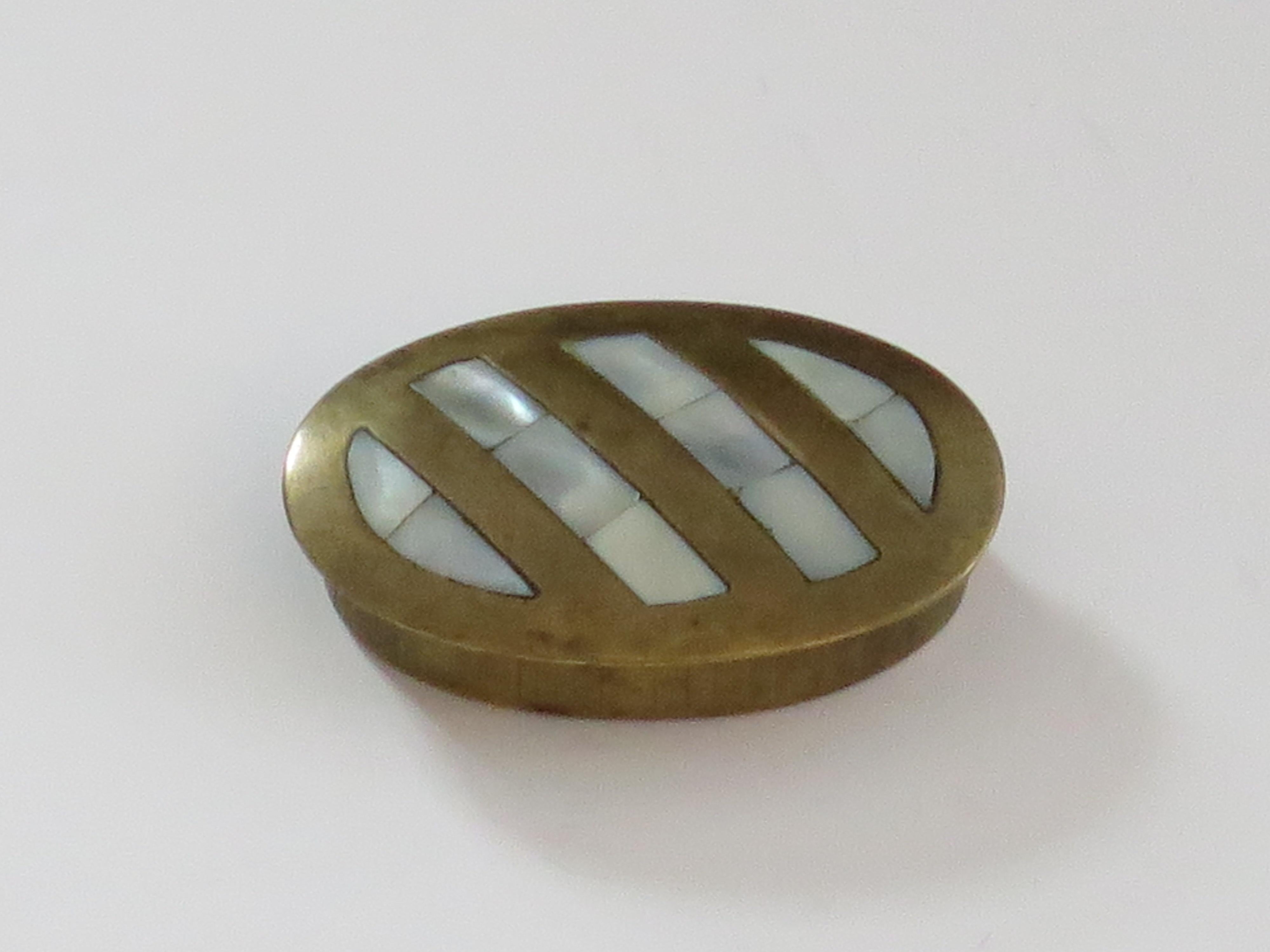 Hand-Crafted Antique metal Pill Box with Mother-of-Pearl inlay to lid, English Edwardian  For Sale