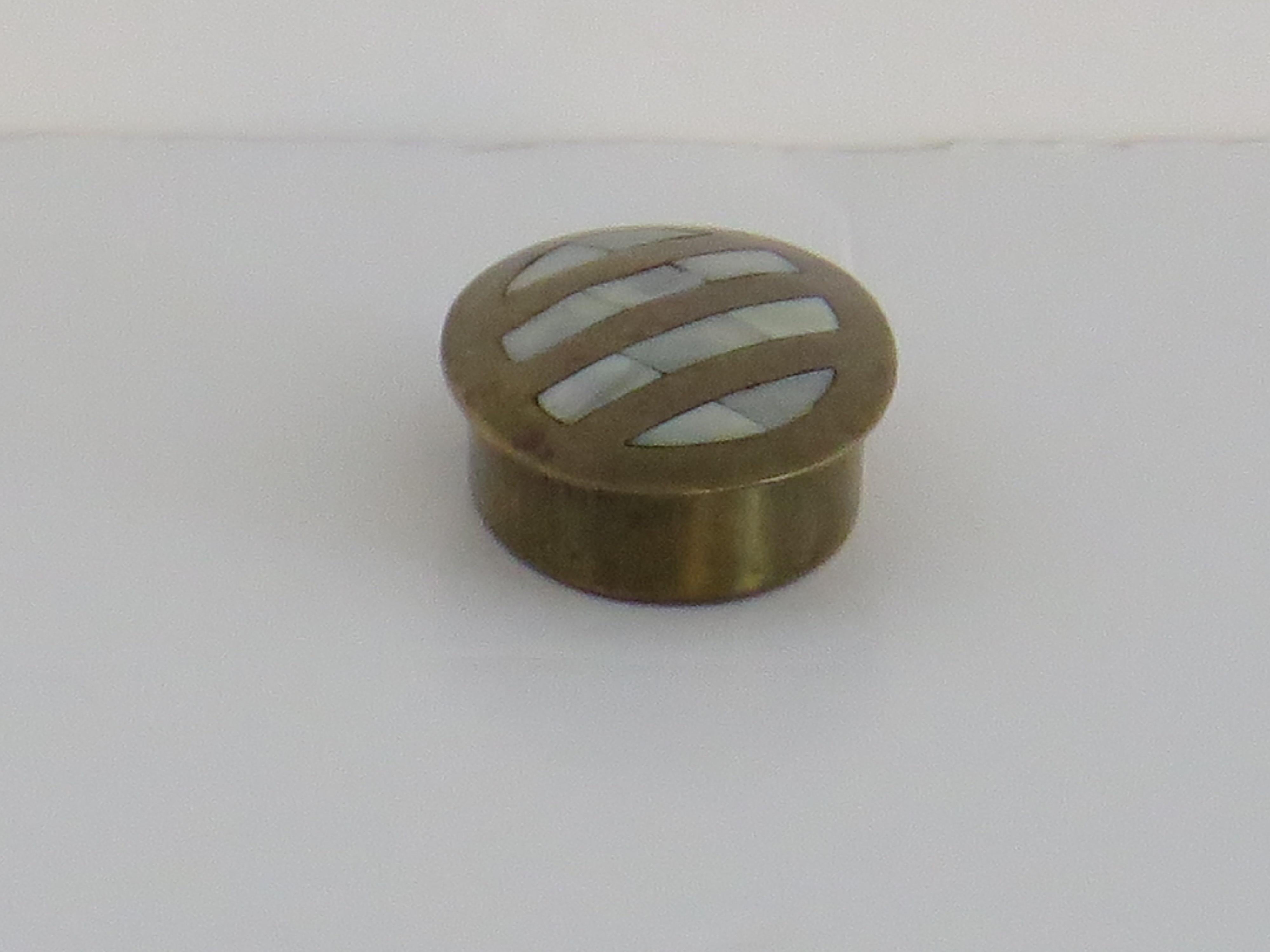 Brass Antique metal Pill Box with Mother-of-Pearl inlay to lid, English Edwardian  For Sale