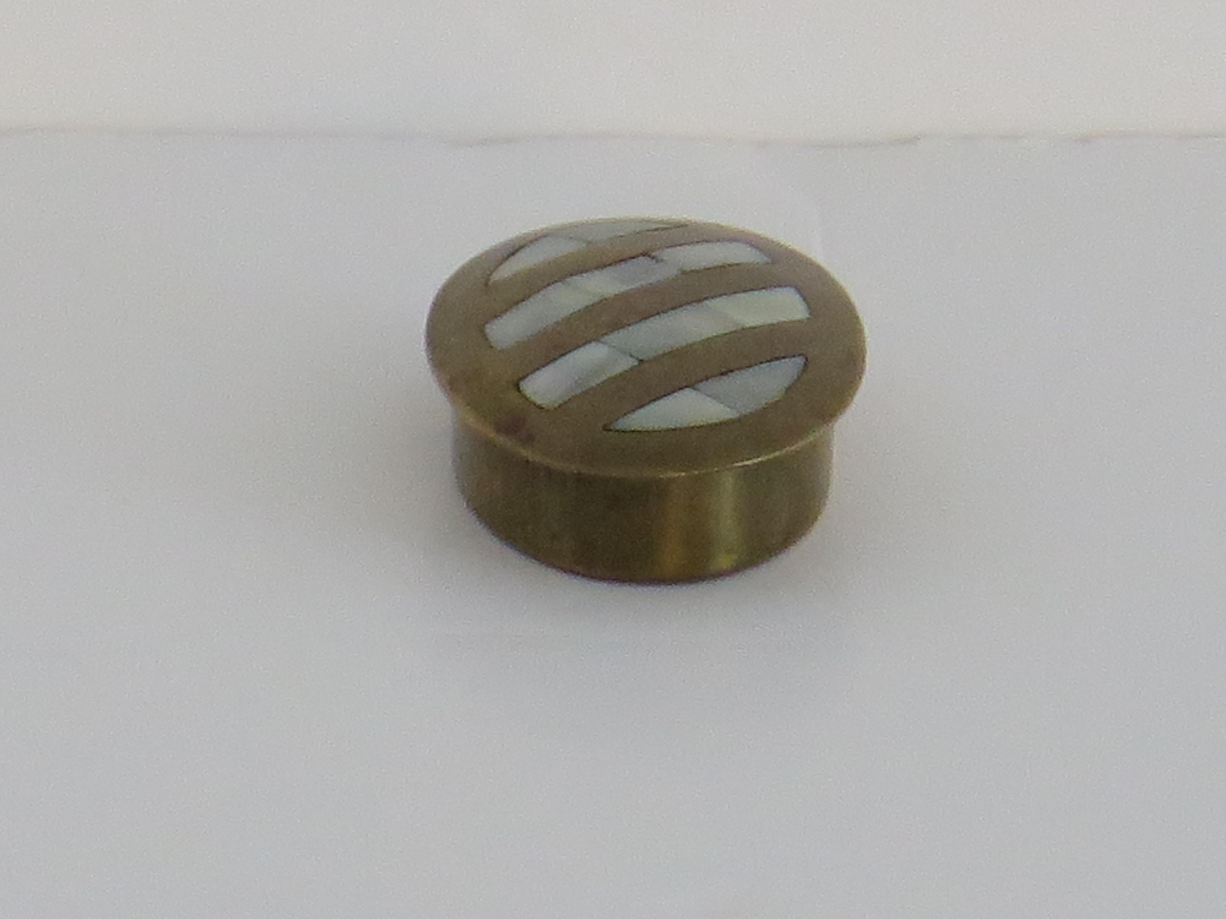 19th Century Antique metal Pill Box with Mother-of-Pearl inlay to lid, English Edwardian For Sale