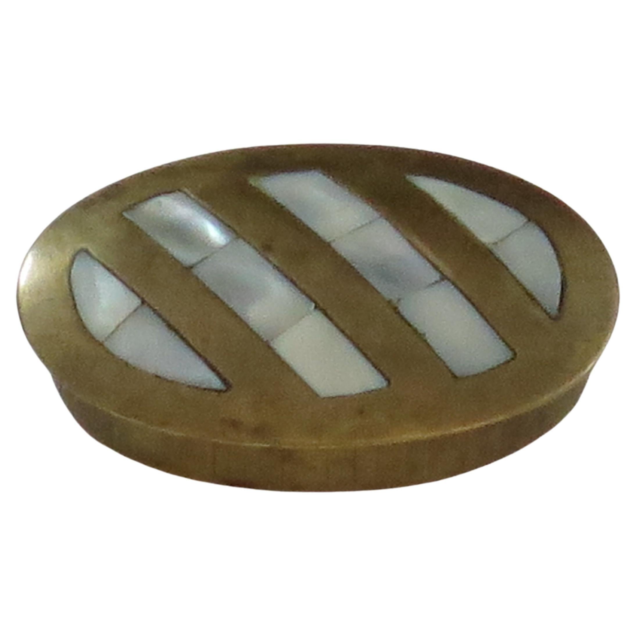 Antique metal Pill Box with Mother-of-Pearl inlay to lid, English Edwardian  For Sale