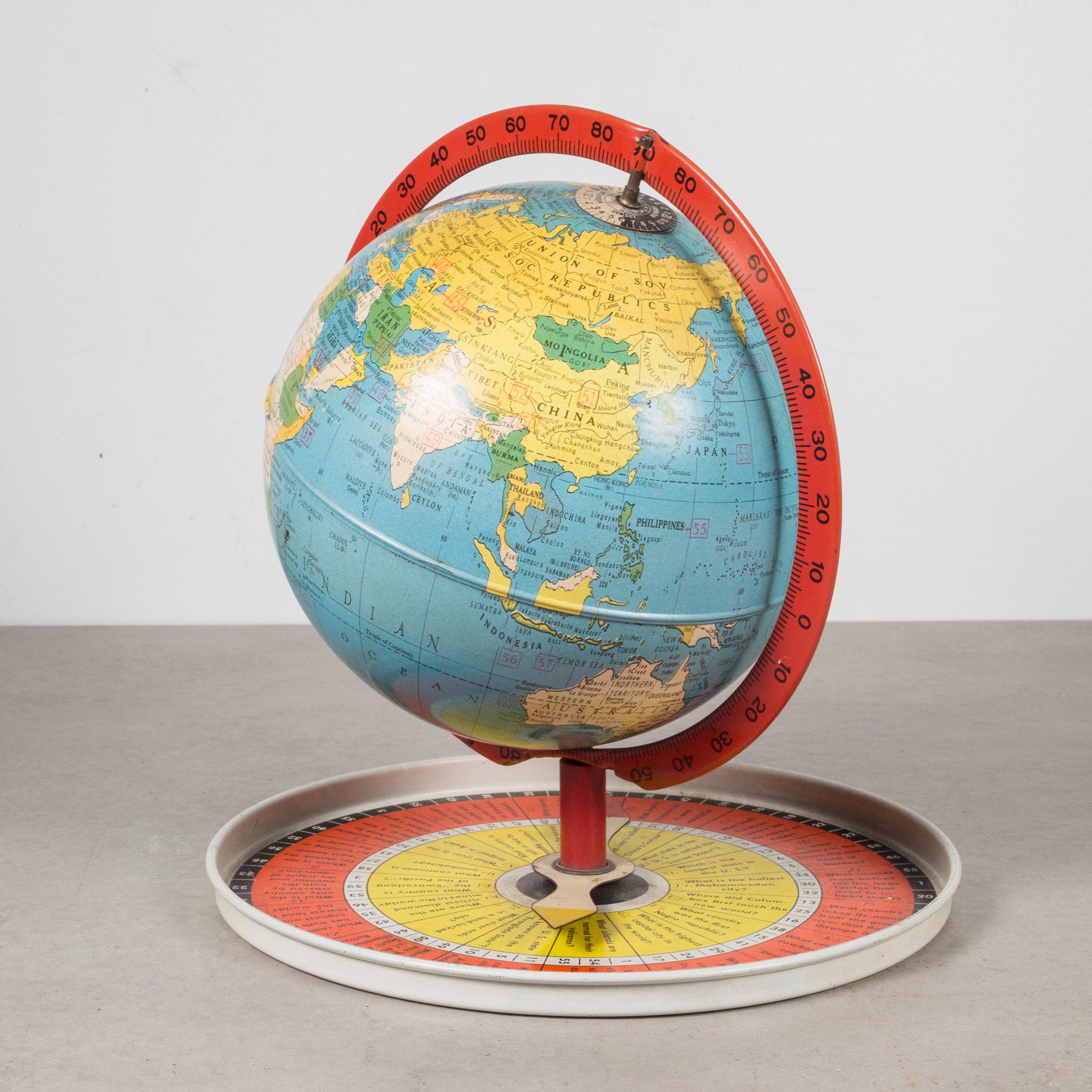 About

An antique all metal travel game globe with spinning dial and multiple geography questions on the bottom.

Creator: Replogle.
Date of manufacture: c.1950.
Materials and techniques: Tin.
Condition: Good. Wear consistent with age and