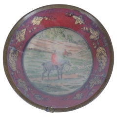 Antique Metal Tole Painted Dish Bowl Compote Equestrian Horse Fox Hunt 4.5"