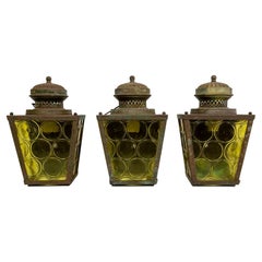 Antique Metal Wall Lanterns w/ Yellow Circle Patterned Glass, Set of 3