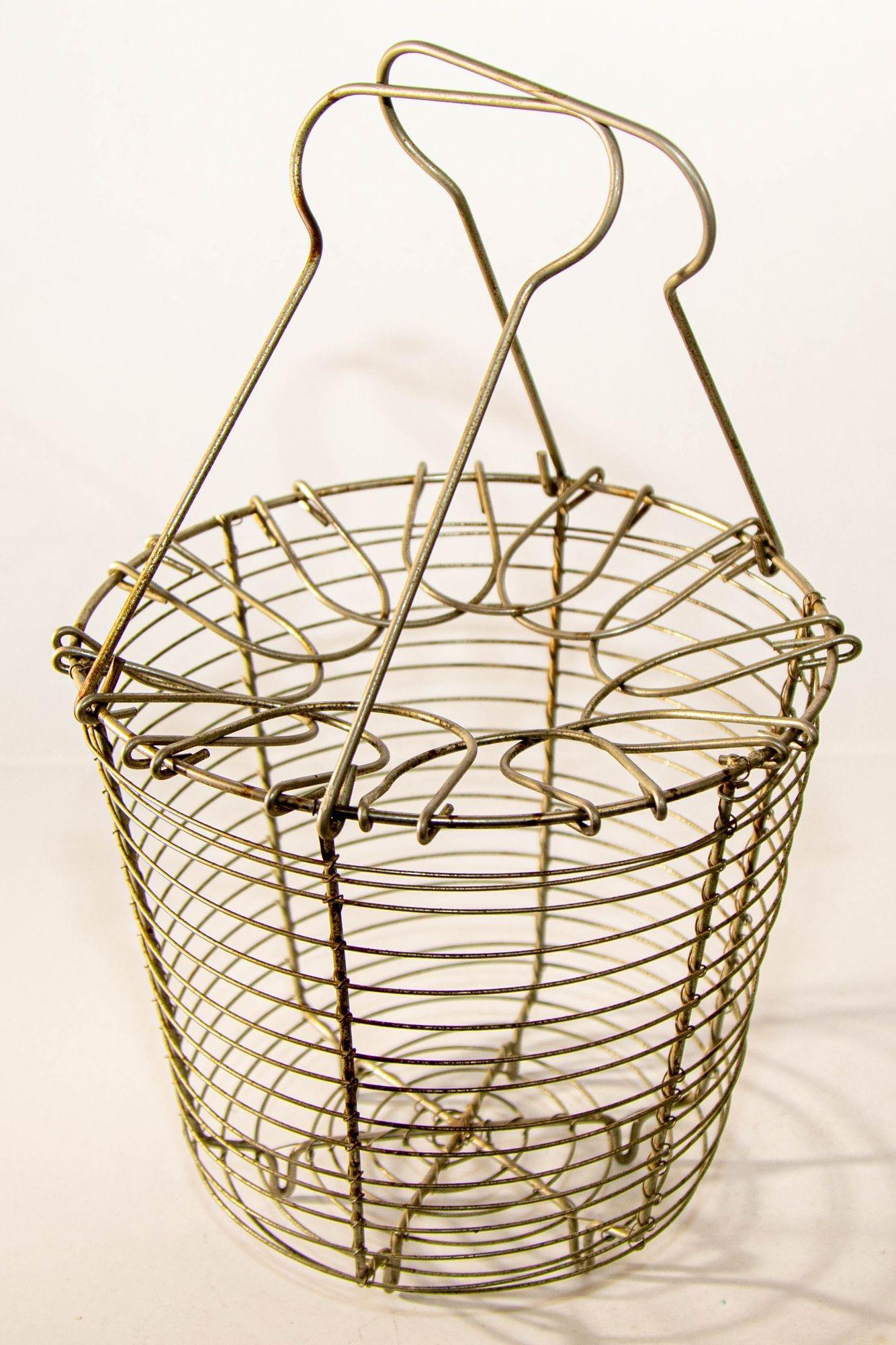20th Century Antique Metal Wire Egg Basket Rustic French Farmhouse Decor For Sale