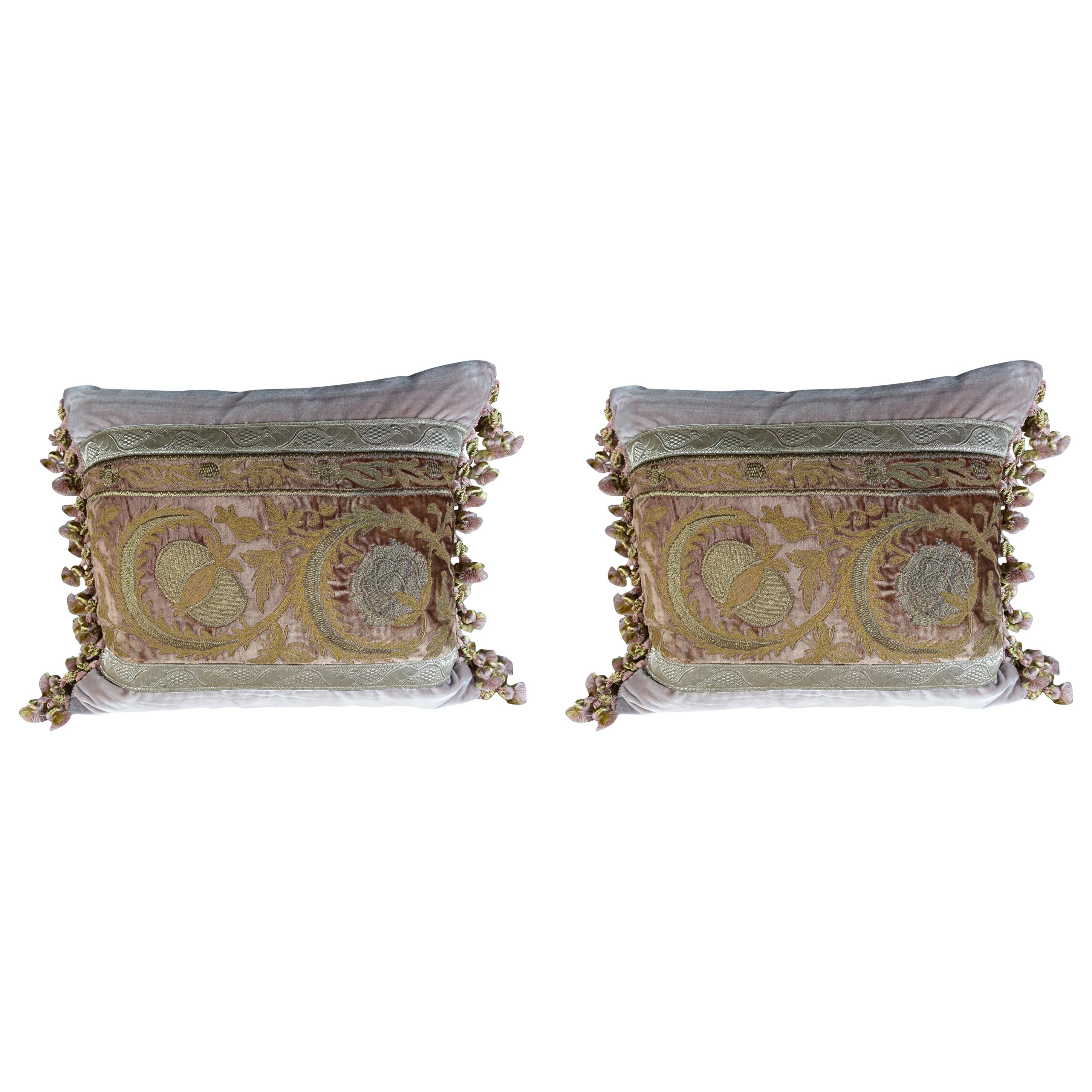 Antique Metallic Embroidered Textile Pillows, Pair