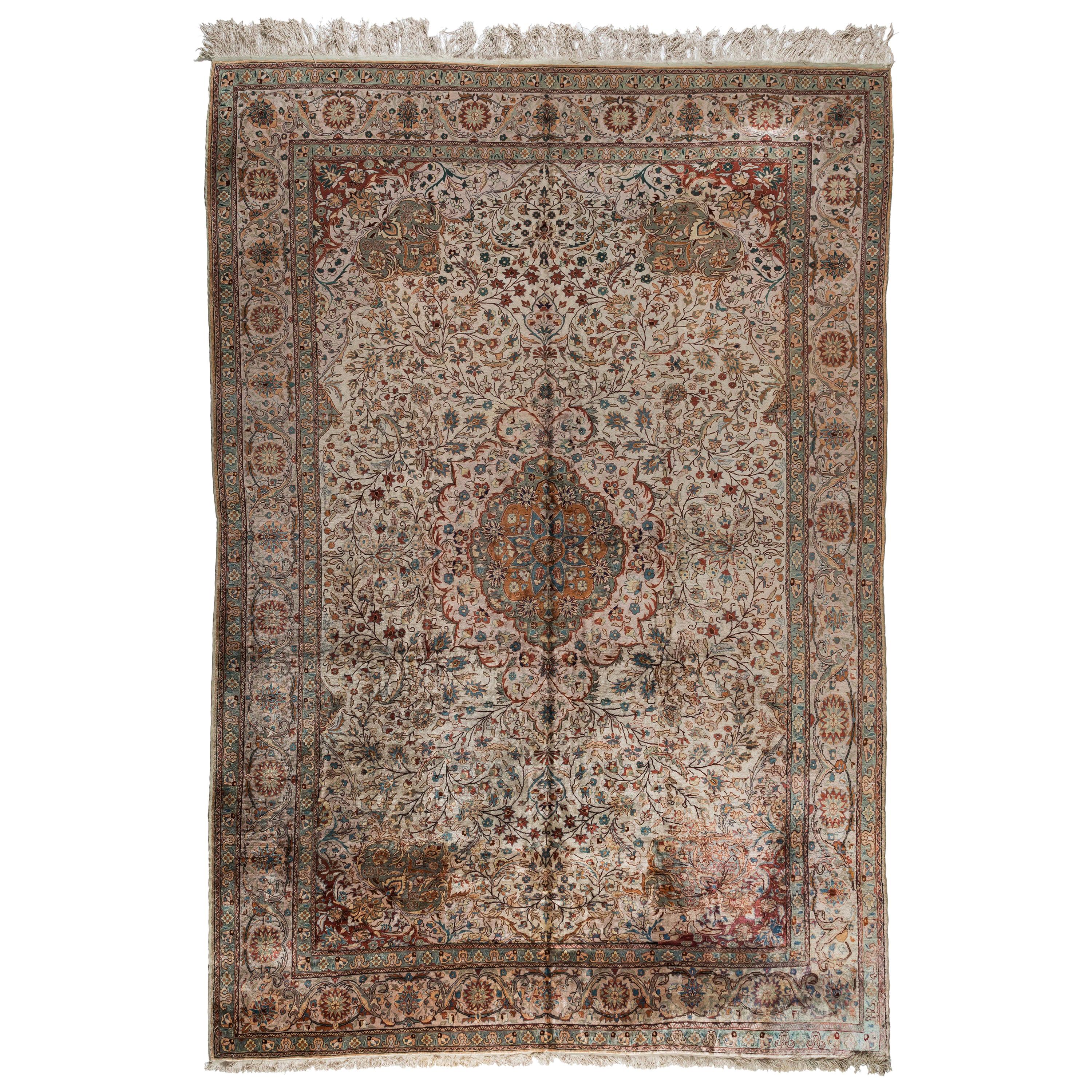 Antique Metallic Silver and Rose Turkish Kayseri Silk Area Rug For Sale