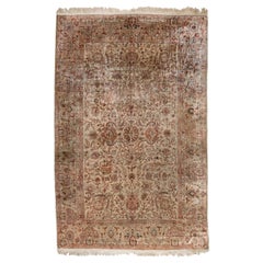 Antique Metallic Silver Rose Floral Turkish Kaysari Silk Carpet, circa 1940s