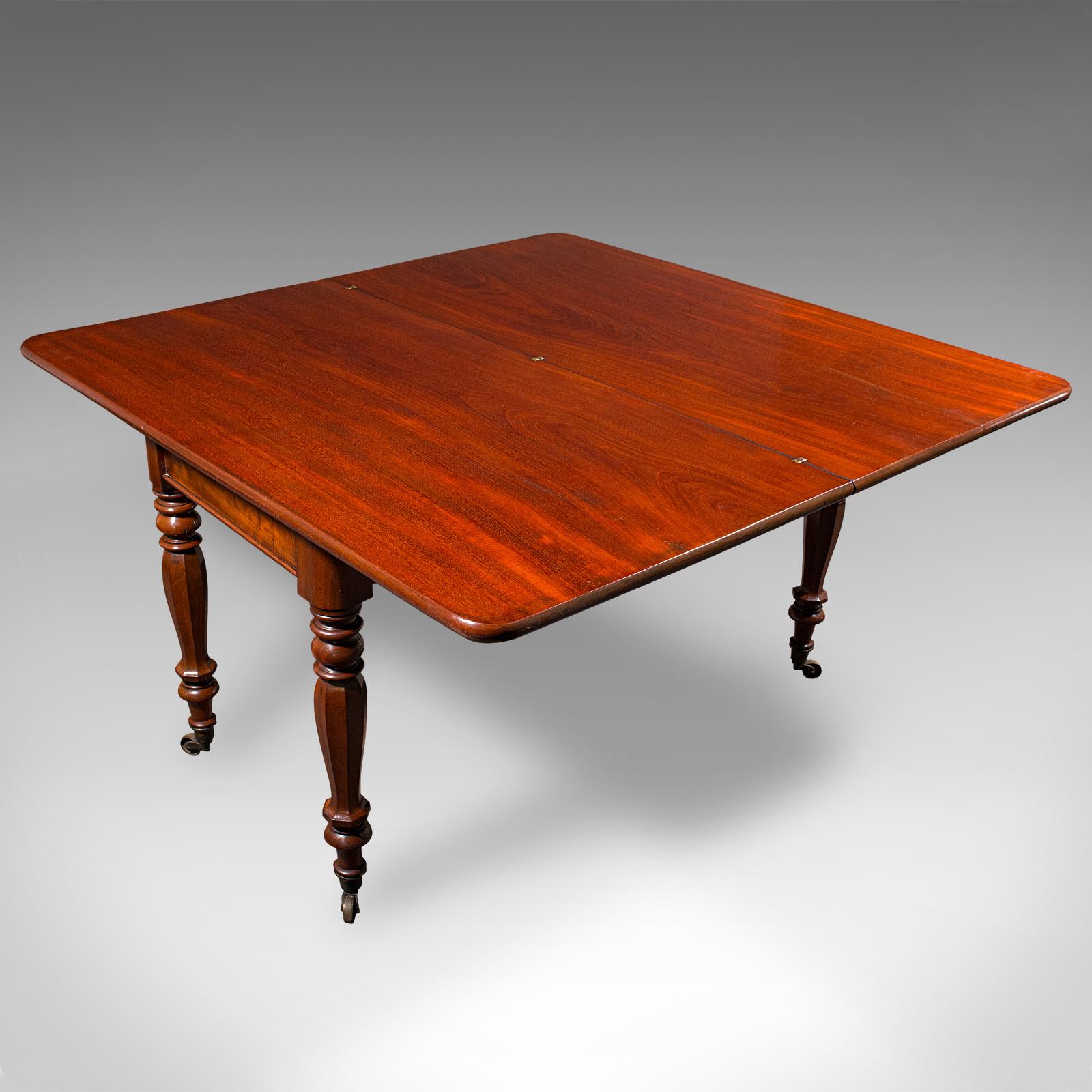 
This is an antique metamorphic console table. An English, mahogany fold-over 4 seat dining or bridge table, dating to the William IV period, circa 1835.

Superb metamorphic table, serving as a side table and opening up to accommodate four
Displays