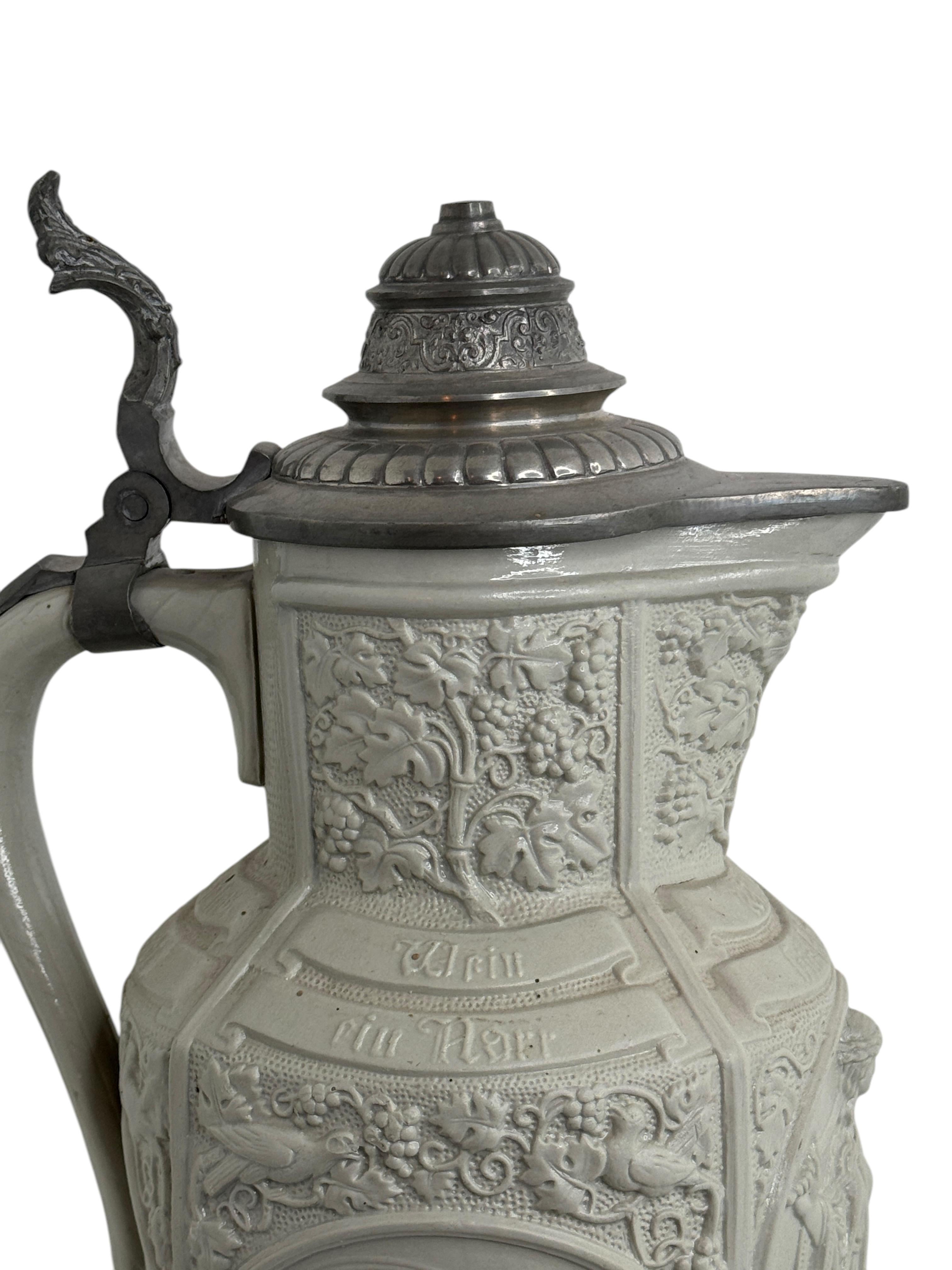 Jarra de Cerveza o Vid Antigua Mettlach Alemana Villeroy & Boch Tapa de Peltre Cerámica en venta 5