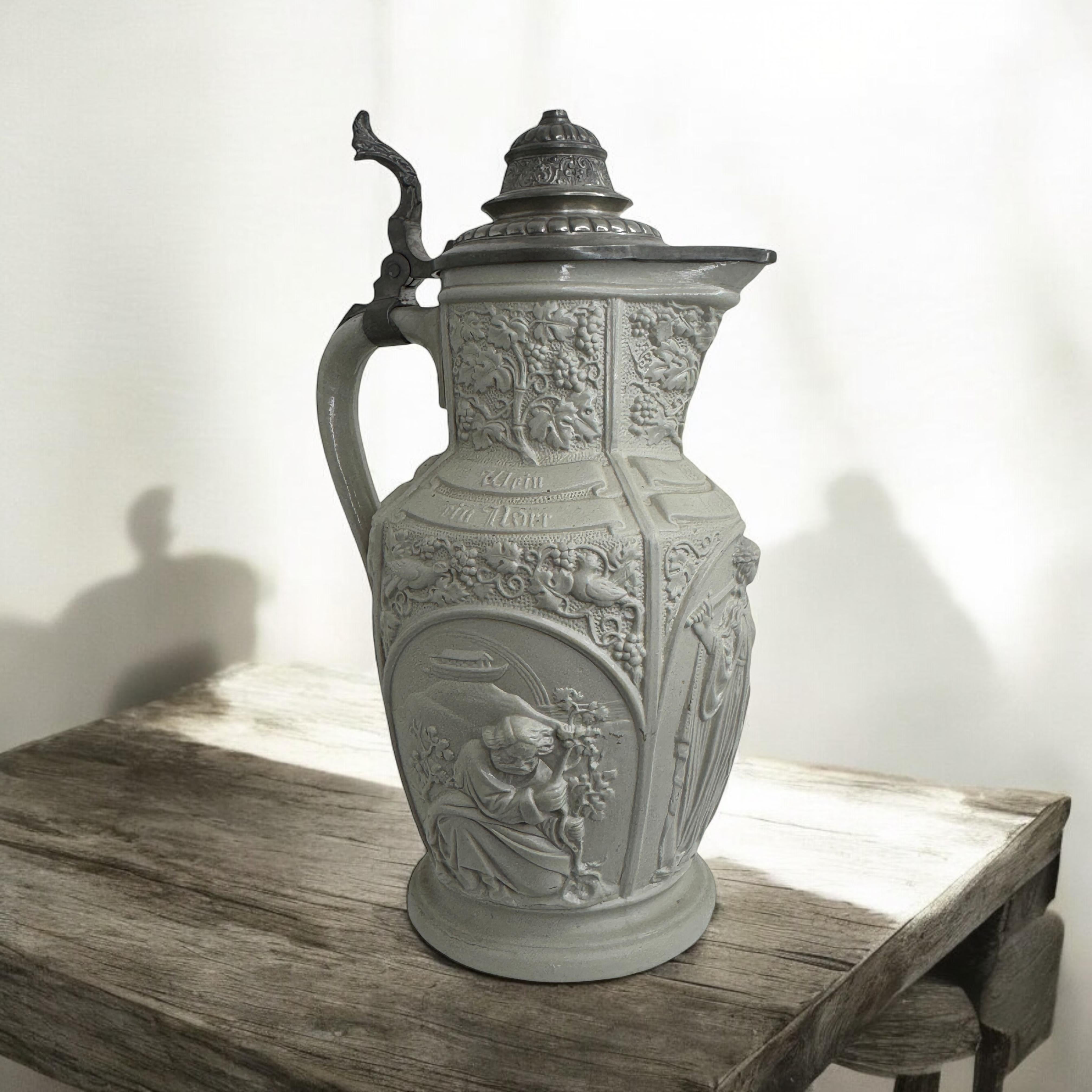 Jarra de Cerveza o Vid Antigua Mettlach Alemana Villeroy & Boch Tapa de Peltre Cerámica en venta 7