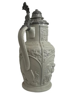 Antique Mettlach German Villeroy & Boch Beer or Vine Pitcher Ceramic Pewter Lidd