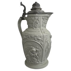 Antique Mettlach German Villeroy & Boch Beer or Vine Pitcher Ceramic Pewter Lidd