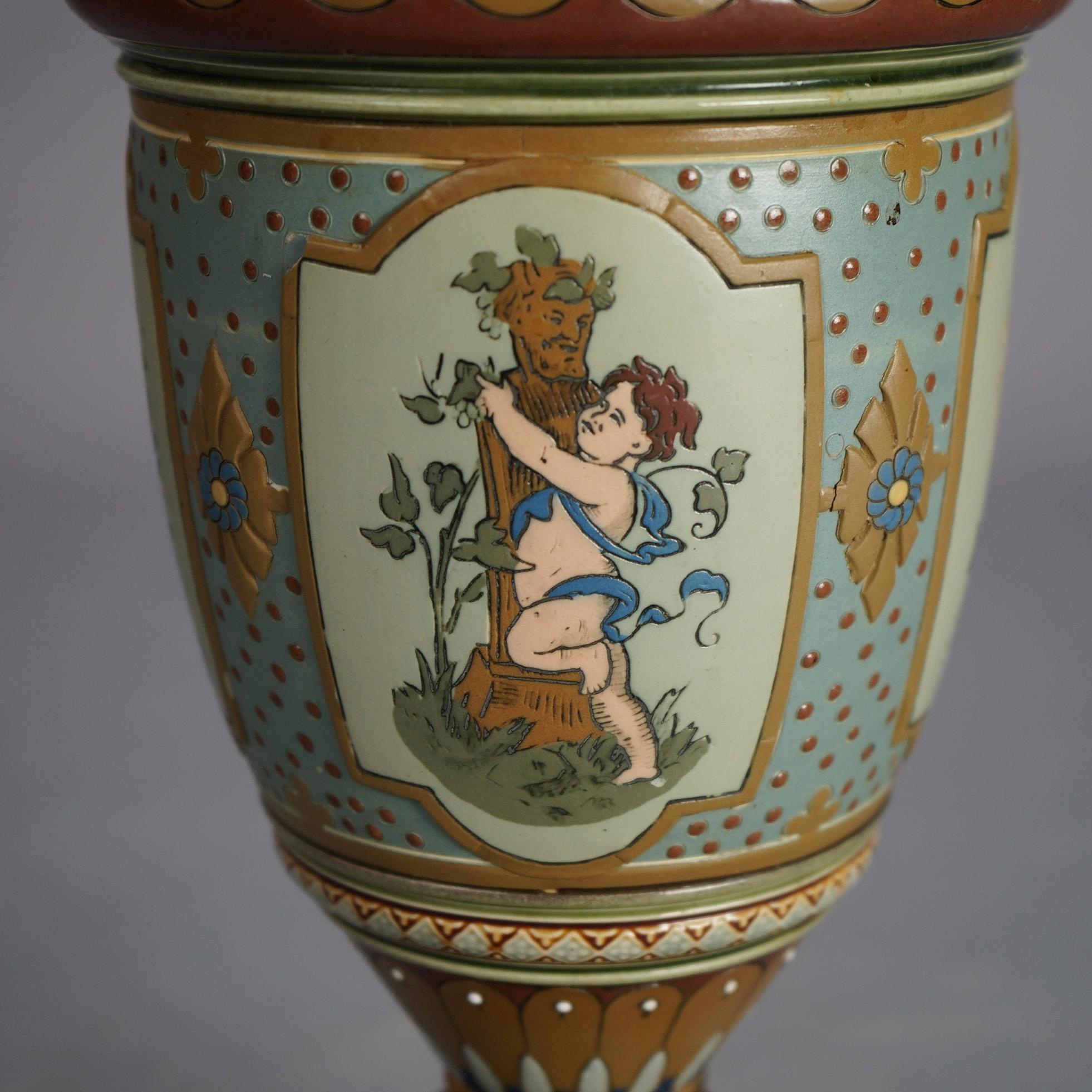 Antique Mettlach Neoclassical German Figural Cherub Decorated Pottery Vase C1900 7