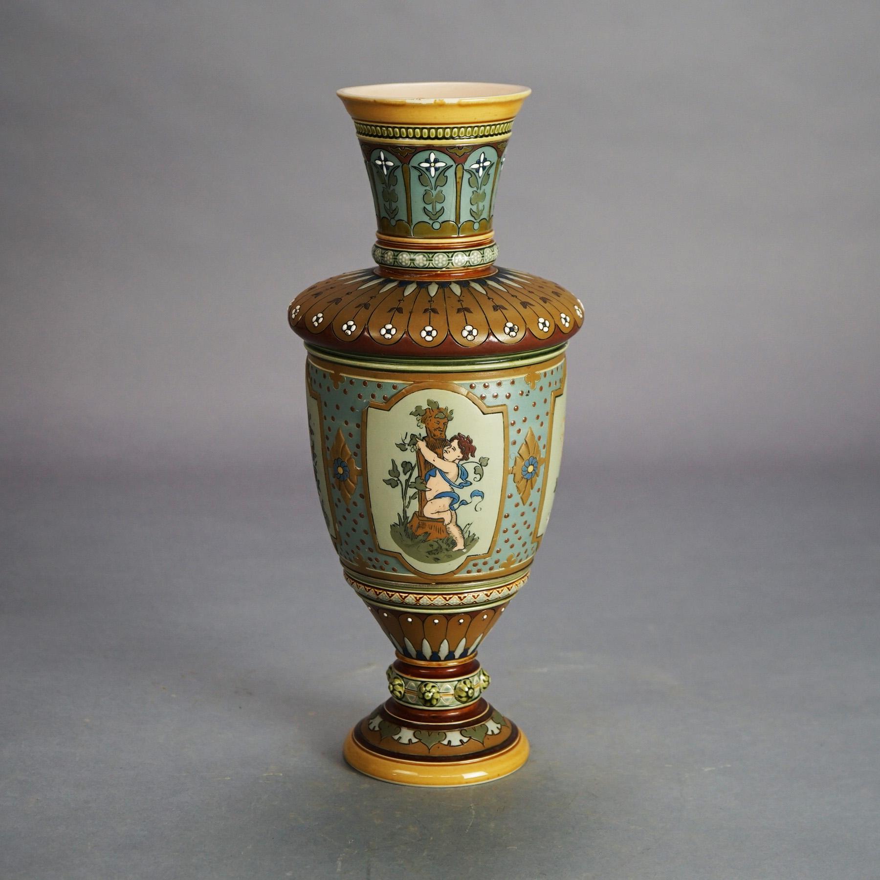 Antique Mettlach Neoclassical German Figural Cherub Decorated Pottery Vase C1900 8